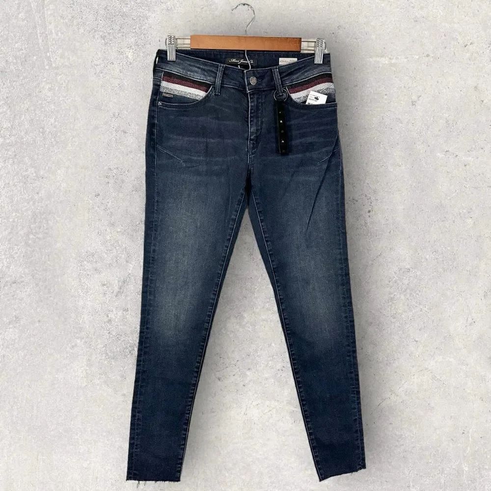 Mavi Adriana Jeans Mid Rise Super Skinny Dark Wash Glitter Pocket Size 27 NWT